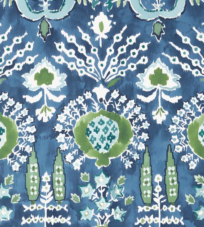 Mendoza Suzani Wallpaper by Thibaut Blue and Green on Navy