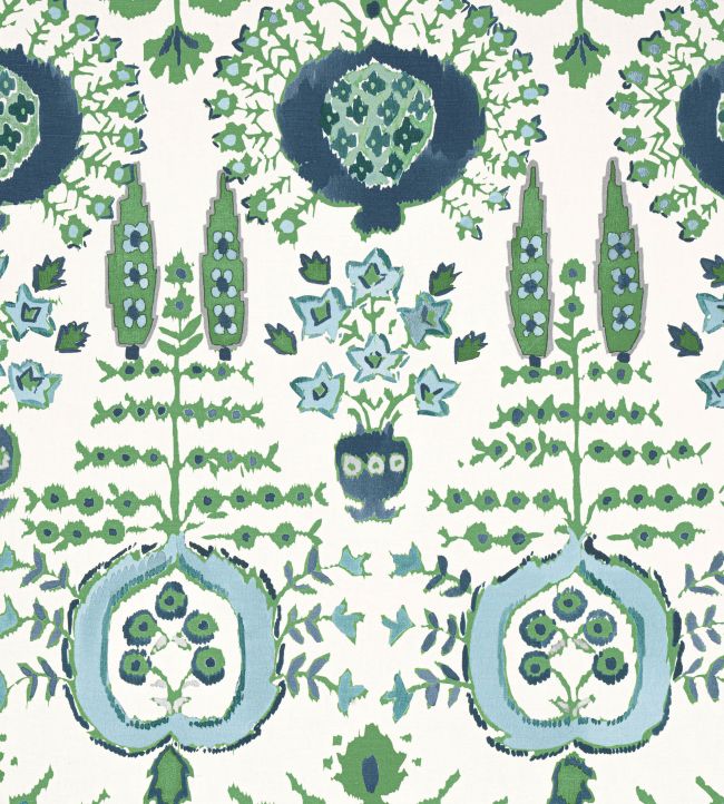 Mendoza Suzani Fabric by Thibaut Blue and Green on White