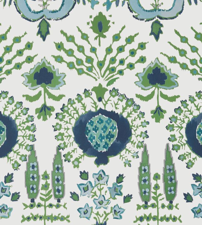 Mendoza Suzani Wallpaper by Thibaut Blue and Green on White