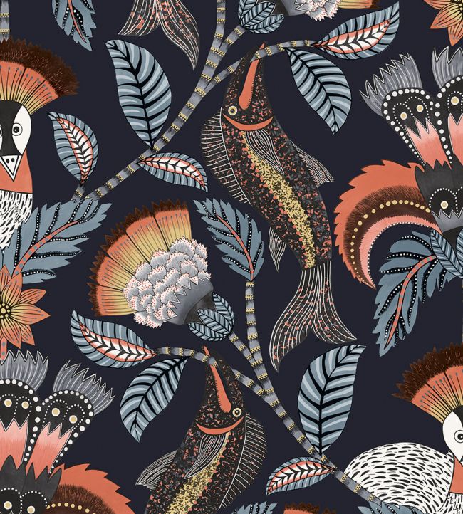 Nene Wallpaper by Cole & Son Terracotta Cerulean Blue & Heath Grey on Midnight