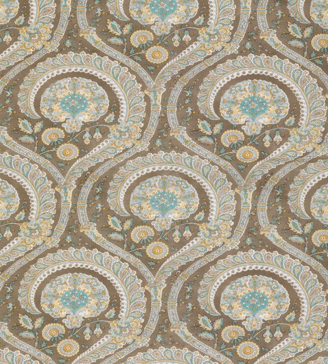 Les Indiennes Fabric by Nina Campbell Taupe/ Aqua/ Yellow
