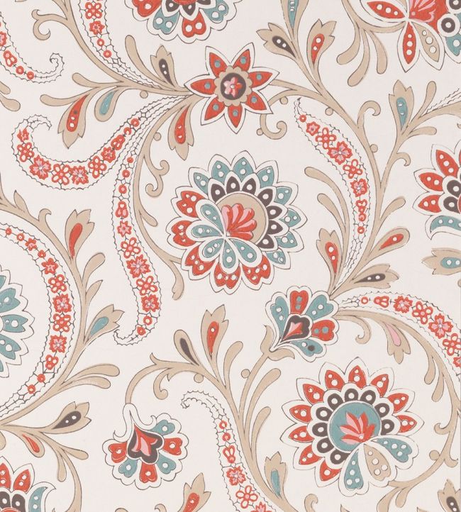 Baville Wallpaper by Nina Campbell RED/TEAL/TAUPE