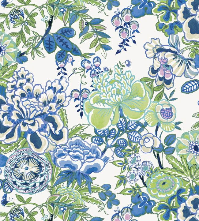 Peony Garden Wallpaper by Thibaut Blue and Green