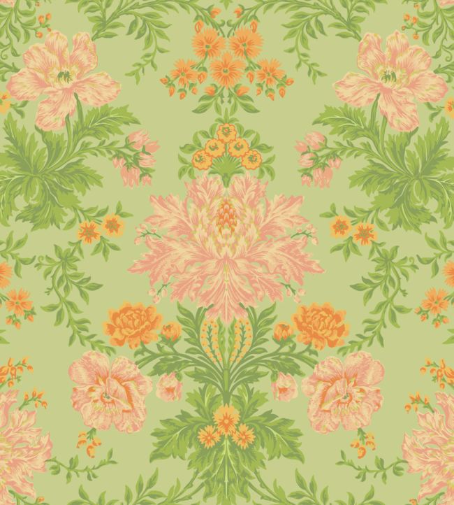 Poppies Wallpaper by Cole & Son Peach, Marigold & Grass on Soft Green