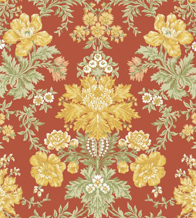 Poppies Wallpaper by Cole & Son Soft Yellow, Cream & Spring Green on Terracotta