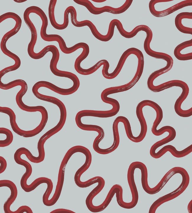 Rainforest Squiggle Mural by Cole & Son Rouge & Burgundy on Soft Blue