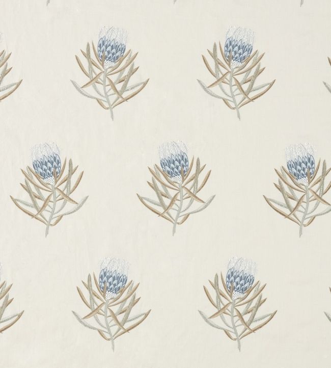 Protea Flower Fabric by Sanderson China Blue / Linen