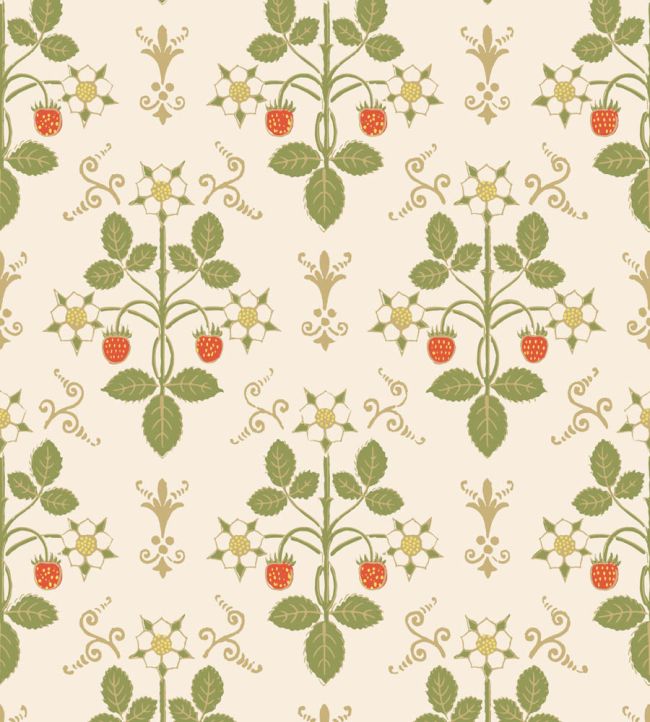 Strawberry Wallpaper by Cole & Son Poppy, Spring Green & Metallic Gold on Stone