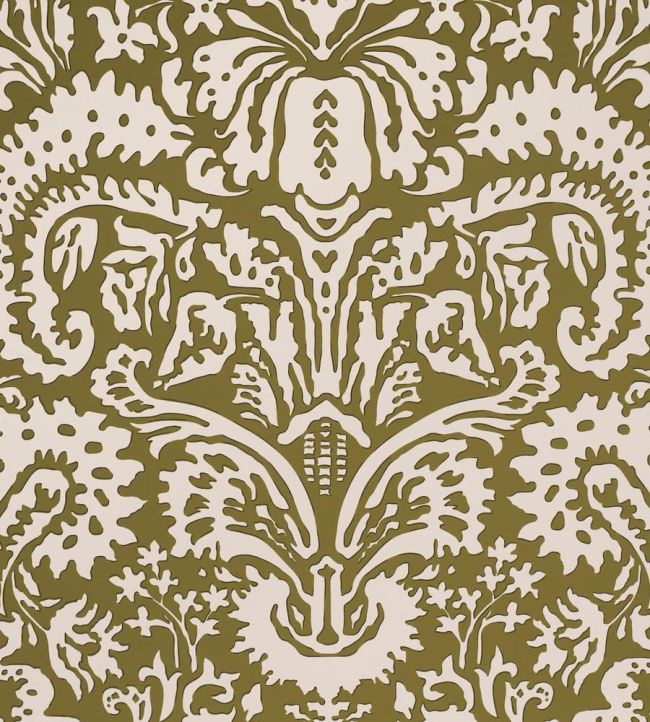Suffolk Damask Wallpaper by Schumacher Olive