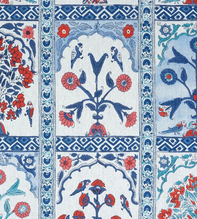 Indian Panel Fabric by Thibaut Coral and Blue