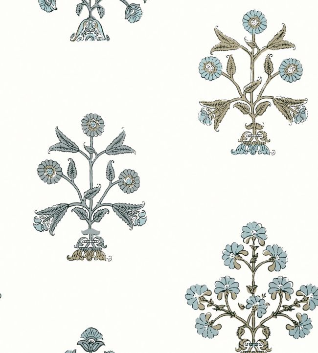 Indian Flower Wallpaper by Thibaut Spa Blue