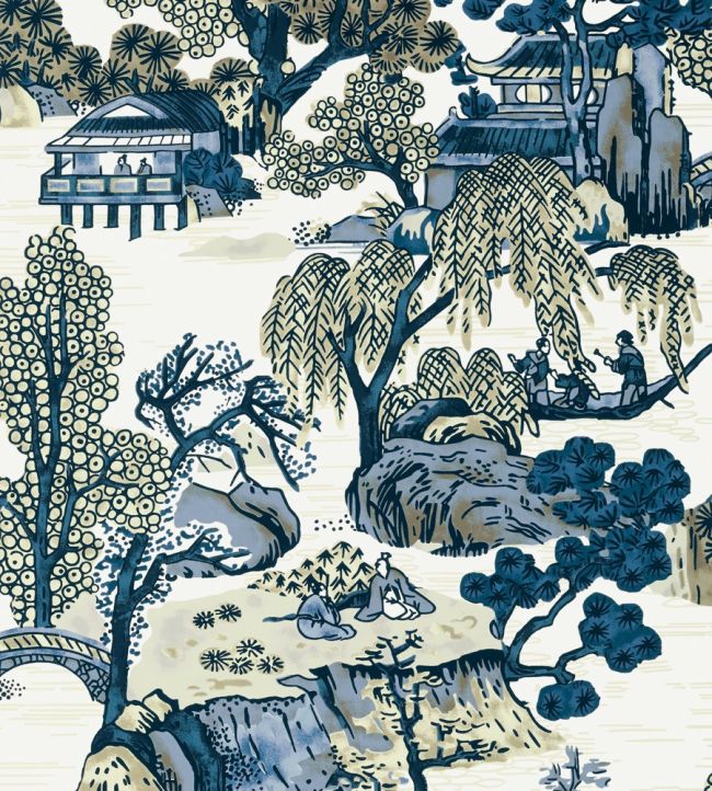 Asian Scenic Wallpaper by Thibaut Blue and Beige