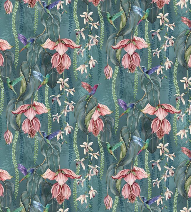 Trailing Orchid Velvet Fabric by Osborne & Little Teal/Pink