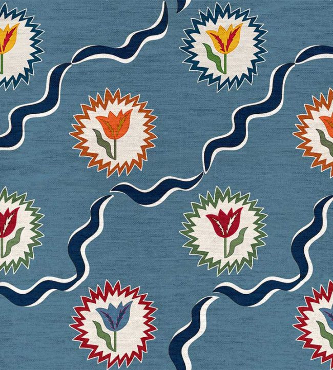 Tulips of Belgravia Linen Fabric by Ottoline Blue