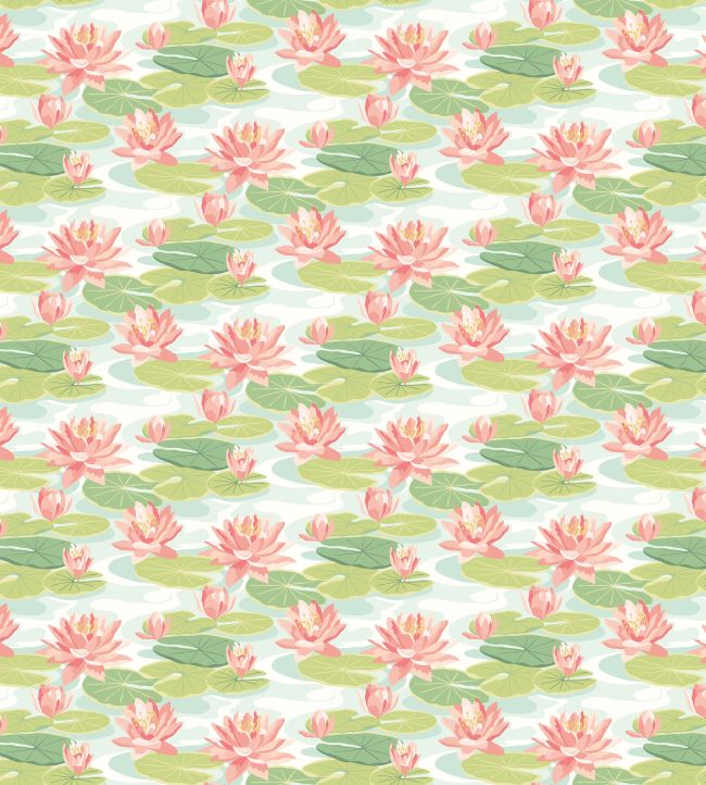 Waterlily Wallpaper by Ohpopsi Duck Egg & Coral