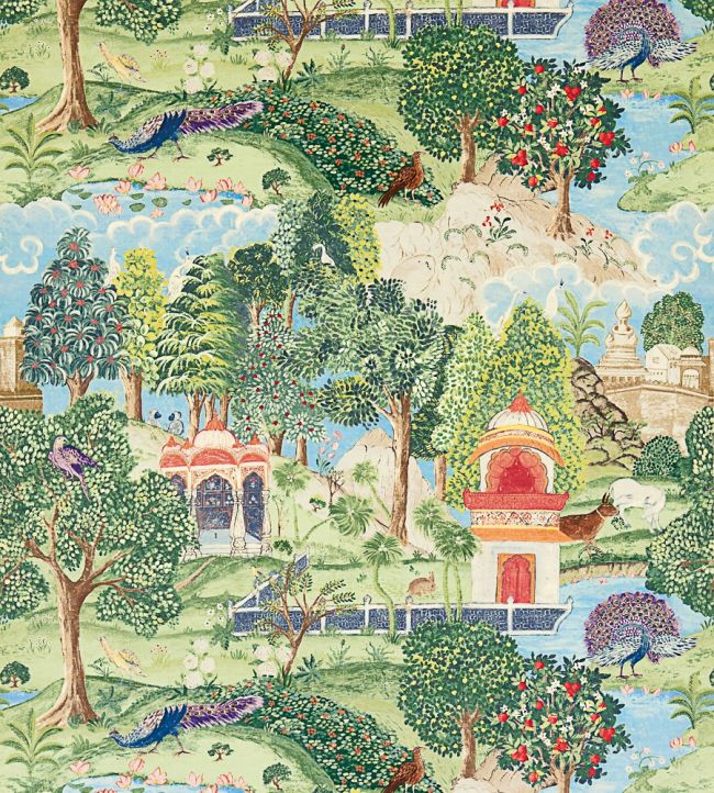 Peacock Garden Fabric by Zoffany Green/Coral