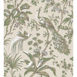 Peacock Toile Wallpaper in Green on Natural by Anna French | Jane Clayton