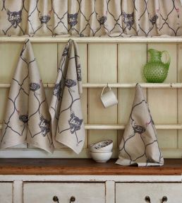 Fox And Hen Fabric by Barneby Gates Charcoal/Pink on Natural