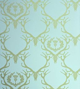 Deer Damask Wallpaper by Barneby Gates Duck Egg Blue and Antique Gold