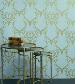 Deer Damask Wallpaper by Barneby Gates Duck Egg Blue and Antique Gold