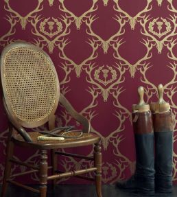 Deer Damask Wallpaper by Barneby Gates Claret and Gold