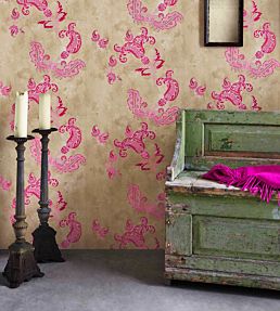Paisley Wallpaper by Barneby Gates Hot Pink on Tea Stain