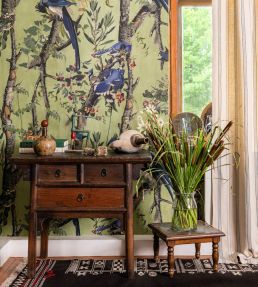 Birds Of Danube Wallpaper by MINDTHEGAP Sage/Royal Blue