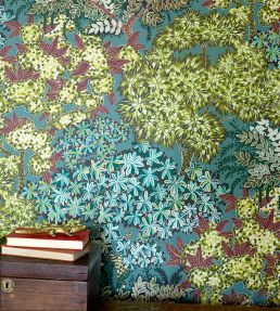 Broccoli Canopy Wallpaper by Josephine Munsey Celadon, Olive Green and Deep Red