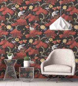 Crane Bird Wallpaper by Woodchip & Magnolia Japanese Red