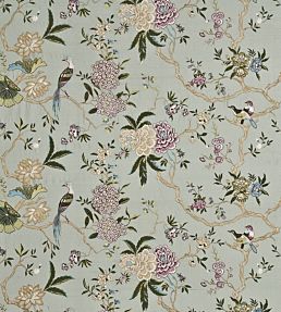 Oriental Bird Embroidery Silk Fabric by GP & J Baker Aqua, Multi