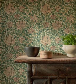 Honeysuckle Wallpaper by Morris & Co Green/Coral/Pink