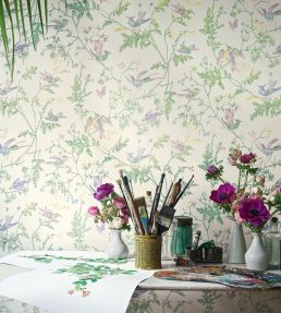 Hummingbirds Wallpaper by Cole & Son Multi, Old Olive on Eau Du Nil