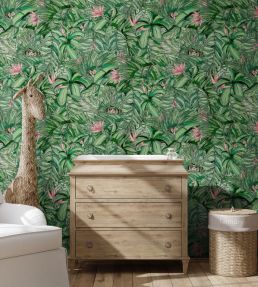 Monkey Forest Wallpaper by Brand McKenzie Dark Green / Pink