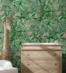 Monkey Forest Wallpaper by Brand McKenzie Dark Green / Pink