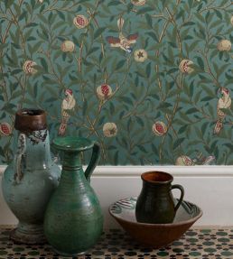 Bird & Pomegranate Wallpaper by Morris & Co Turquoise/Coral