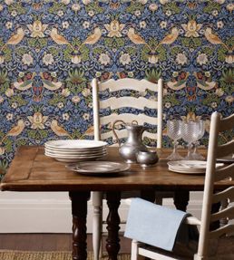 Strawberry Thief Wallpaper by Morris & Co Indigo/Mineral