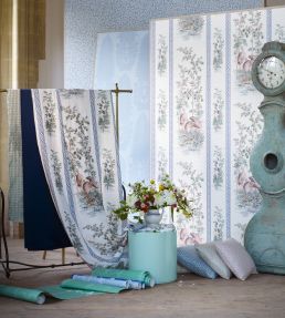 Storks & Thrushes Fabric by Zoffany Tuscan Pink / Cobalt
