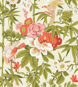 Bamboo & Birds Wallpaper by Sanderson Mandarin Red / Olive