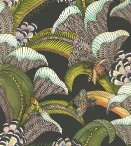 Hoopoe Leaves Wallpaper by Cole & Son Olive Green Chartreuse & Fuchsia on Black