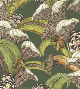 Hoopoe Leaves Wallpaper by Cole & Son Spring Green Chartreuse & Coral on Forest