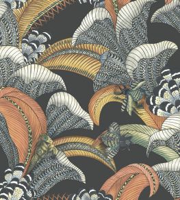 Hoopoe Leaves Wallpaper by Cole & Son Terracotta Ochre & Ice Blue on Charcoal