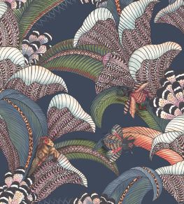 Hoopoe Leaves Wallpaper by Cole & Son Denim Forest Green & Magenta on Midnight