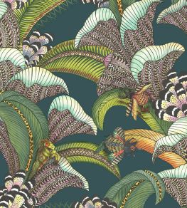 Hoopoe Leaves Wallpaper by Cole & Son Forest Green Lime & Fuchsia on Dark Virdian
