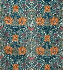 Honeysuckle and Tulip Velvet Fabric by Morris & Co Woad/Mulberry