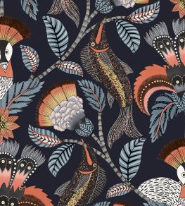 Nene Wallpaper by Cole & Son Terracotta Cerulean Blue & Heath Grey on Midnight