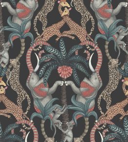Safari Totem Wallpaper by Cole & Son Ruby & Print Room Blue on Charcoal