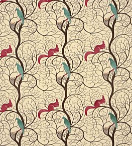 Squirrel & Dove Embroidery Fabric by Sanderson Teal/Red