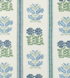 Folkloric Floral Stripe Fabric by Volga Linen Delft Blue/Oyster Folkloric Floral Stripe Fabric by Volga Linen Delft Blue/Oyster