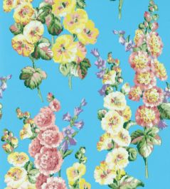 Hollyhocks Wallpaper by Sanderson Fire Pink/Bright Blue Hollyhocks Wallpaper by Sanderson Fire Pink/Bright Blue