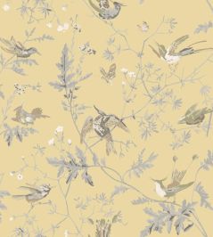 Hummingbirds Silk Fabric by Cole & Son Gold & Soft Grey Hummingbirds Silk Fabric by Cole & Son Gold & Soft Grey